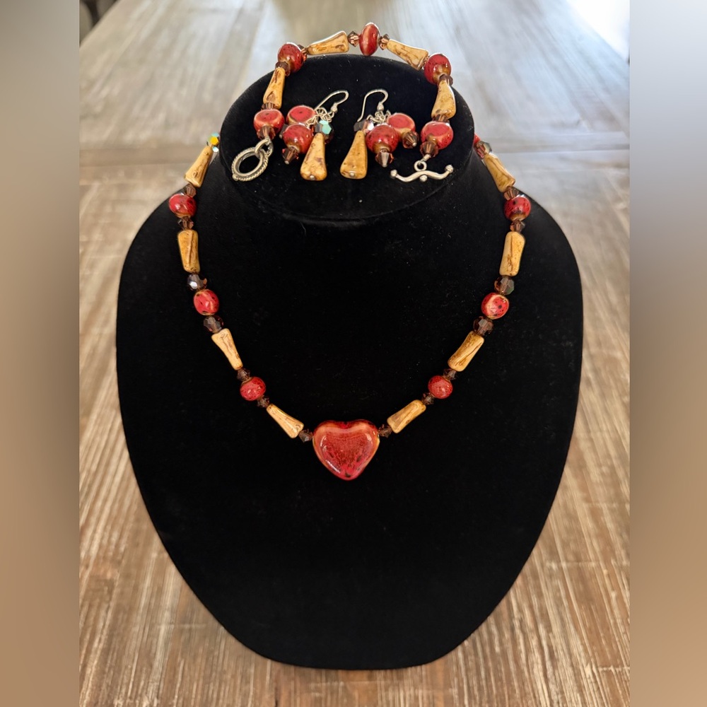 Handcrafted Red Heart Pendant Necklace, Bracelet and Earring Set